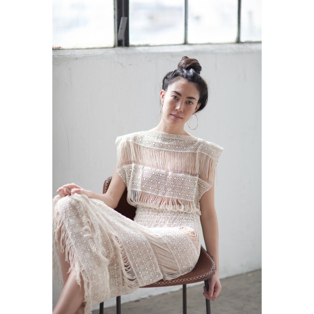 Callahan Crochet Maxi Dress Women M Cream Fringe Sheer Boho